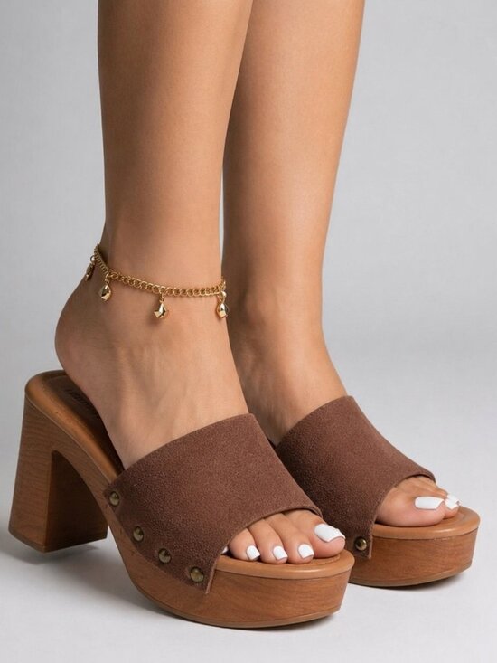 Soda Shoes - New Brown Studded Slip-On Sandals Mules Clogs Light-Weight Block Heel Platform